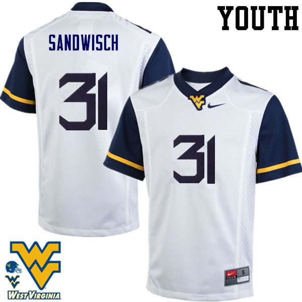 Youth #31 Zach Sandwisch West Virginia Mountaineers College Football Jerseys-White - Click Image to Close